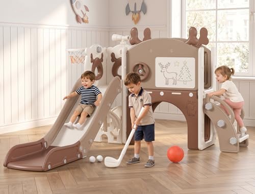 11-in-1 Toddler Slide, Elk Theme, Beige & Rosy Brown
