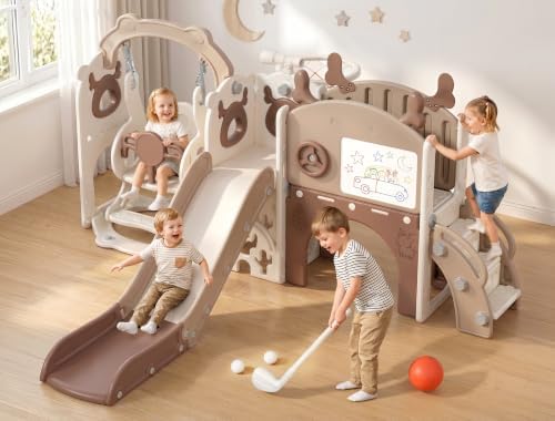 12-in-1 Toddler Slide and Swing Set, Beige & Rosy Brown