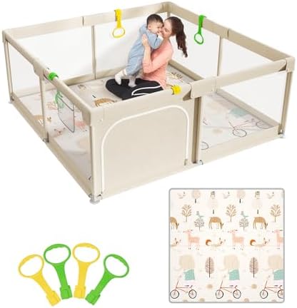Baby Playpen with Mat, 59x59in Beige